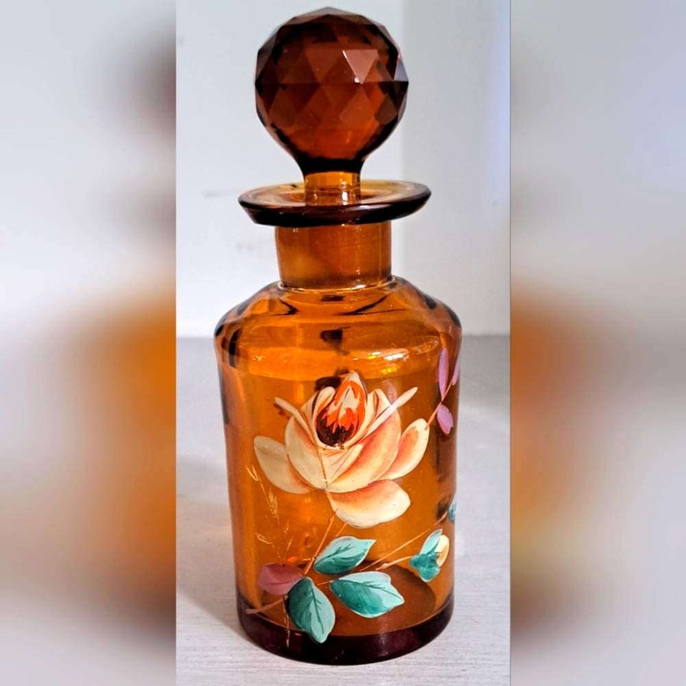 Vintage Amber Glass Rose Perfume Bottle